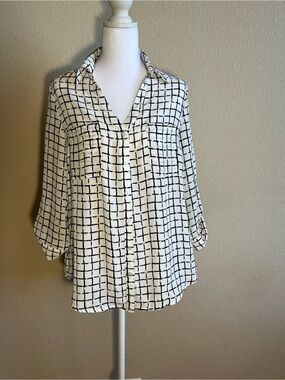 Relaxed Cream Button-Down Shirt with Black Grid
